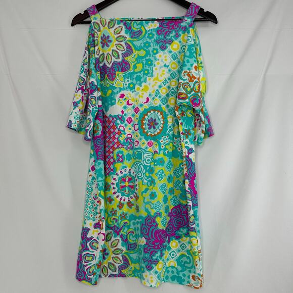 Jude Connally Dresses & Skirts - Jude Connally Cold Shoulder Shift Dress Small Pink Teal Bohemian Beachy Vacation